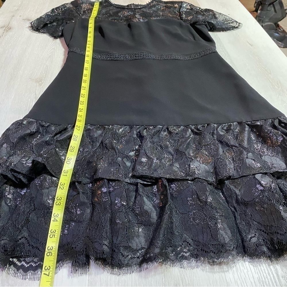 Shoshanna Black Lace Trim Short Sleeve Ruffle Hem Dress Knee Length Dress, Sz 8 - Picture 13 of 14